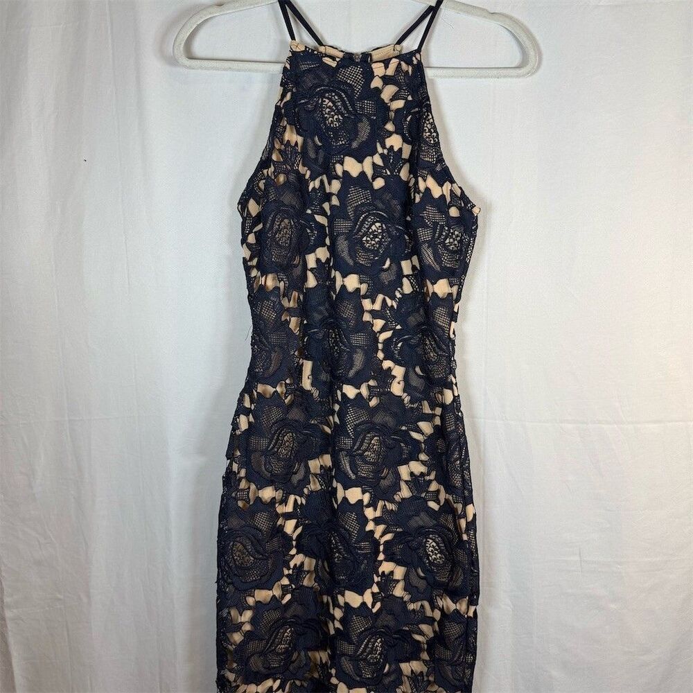 Just Me Dress Womens S Navy Blue Floral Lace Halter Neck Midi Cocktail